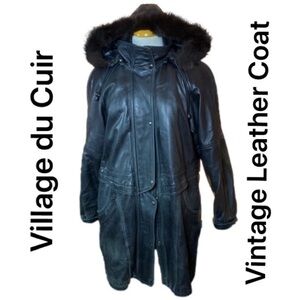 🌷Village du Cuir🌷 Vintage Black Leather Coat With  Brown Faux Fur Trim Hood